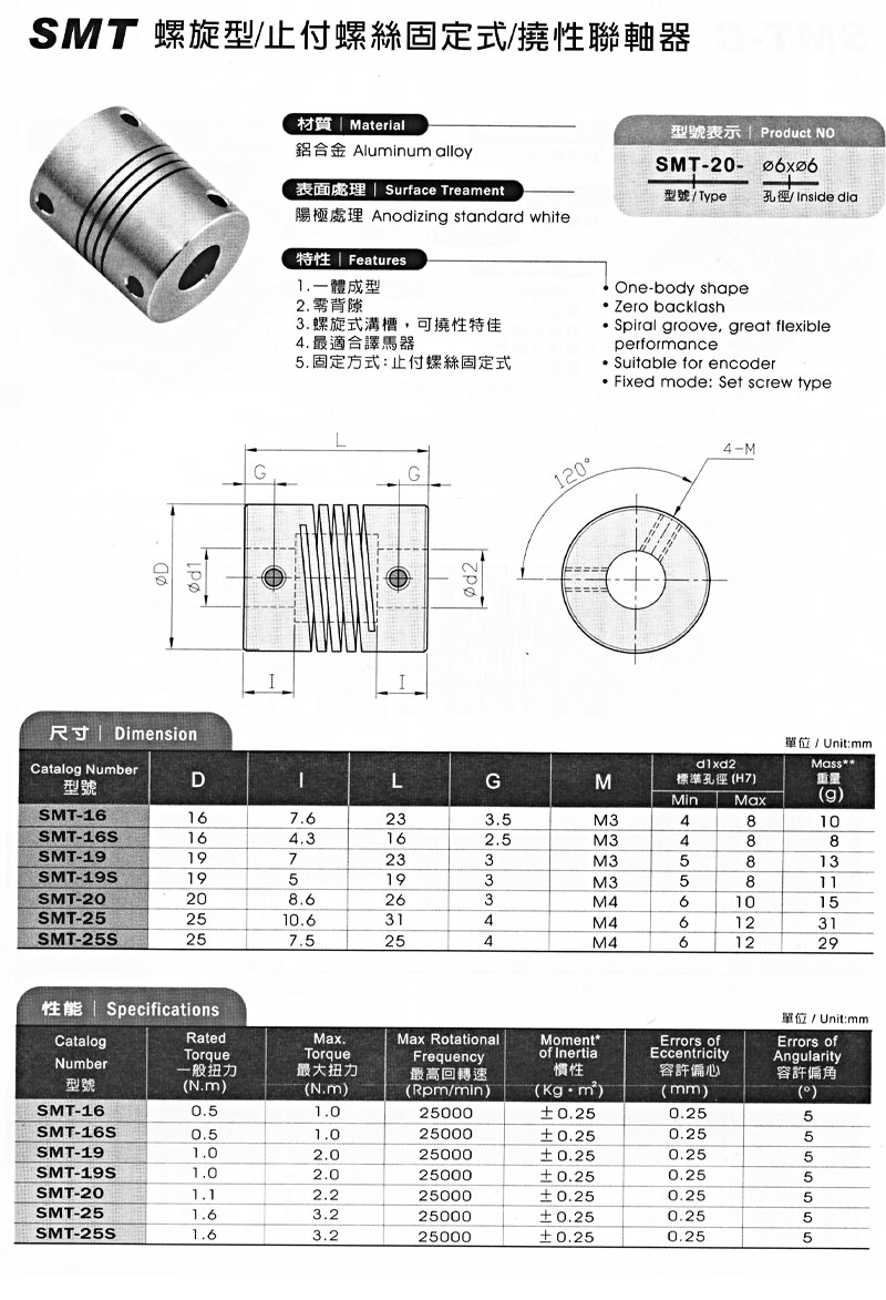 SMT 螺旋型 / 止付螺絲固定式 / 撓性聯軸器