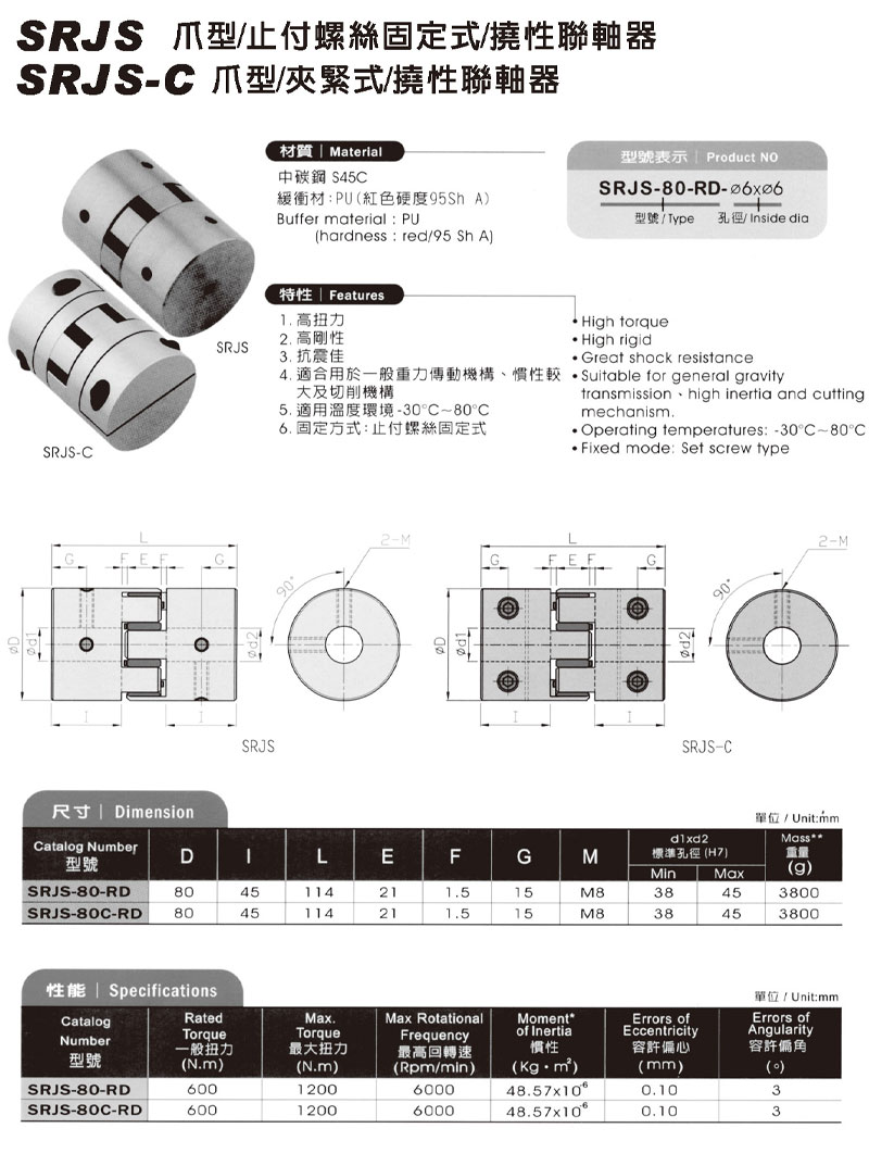 SRJS 爪型 / 止付螺絲固定式 / 撓性聯軸器 SRJS-C 爪型 / 夾緊式 / 撓性聯軸器