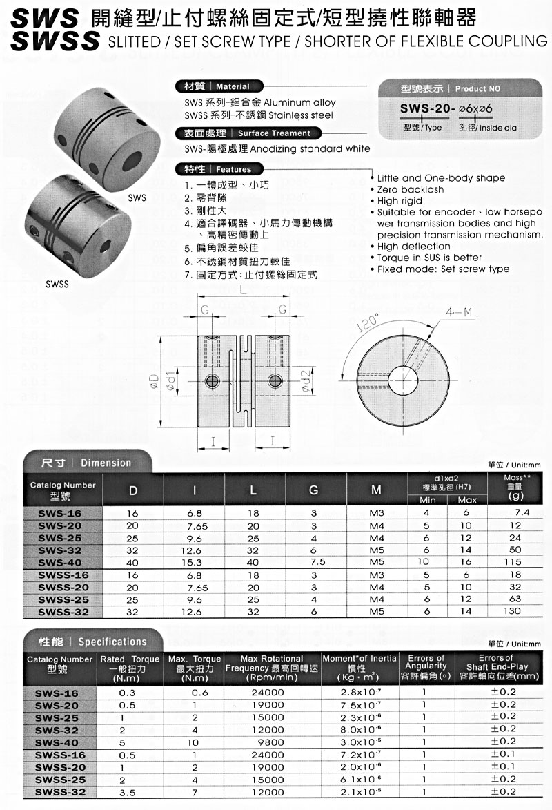 SWS / SWSS 開縫型 / 止付螺絲固定式 / 短型撓性聯軸器