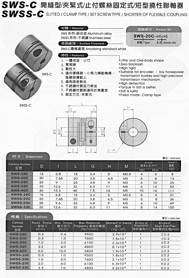 SWS-C / SWSS-C 開縫型 / 夾緊式 / 止付螺絲固定式 / 短型撓性聯軸器